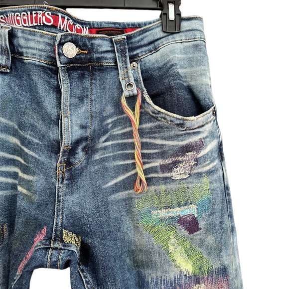 SMUGGLERS MOON MENS JEANS DISTRESSED ARTIST SPLATTER/PATCH LOOK HTF SZ 33W - Picture 4 of 5